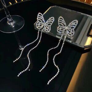 2/$24 Butterfly Rhinestone Long Dangle Earrings Sparkling Silver Statement